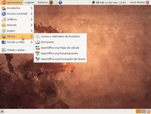 Éste es Ubuntu GNU/Linux, utilizando el escritorio Gnome. Como podrás ves ya incluye el software necesario para trabajar de inmediato. Probablemente necesites instalar el controlador de la tarjeta de video para obtener una resolución óptima, éste tema será abordado en próximos artículos.