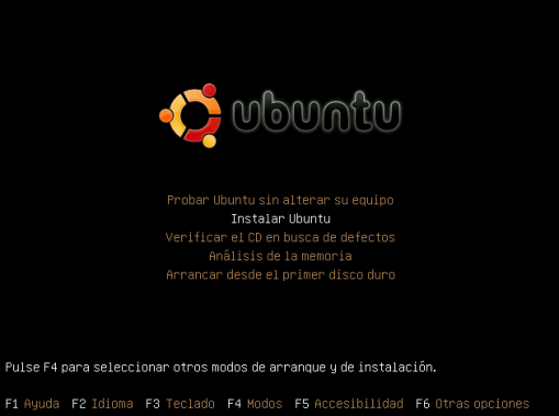 Ésta nueva pantalla nos nuestra varias opciones, Ubuntu también es Live-CD por lo que podremos probarlo sin instalarlo en el D.D. nosotros vamos a elegir la opción dos "Instalar Ubuntu."